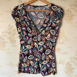 Vintage Y2k Selé Knotted V-Neck Top Boho Multicolor Geometric Leaf Print M